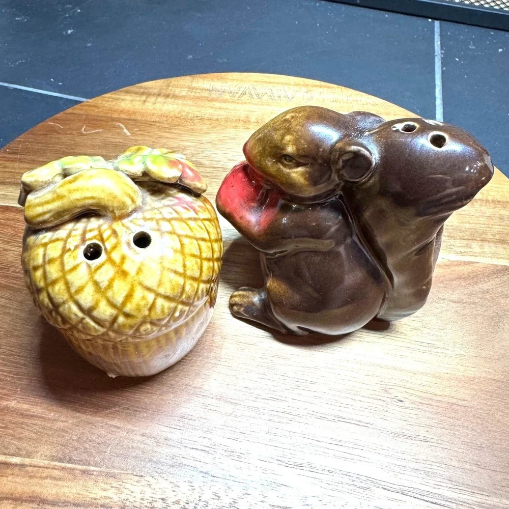 Vintage Ceramic Squirrel and Acorn Salt and Pepper Shaker Set Brown Fall Decor